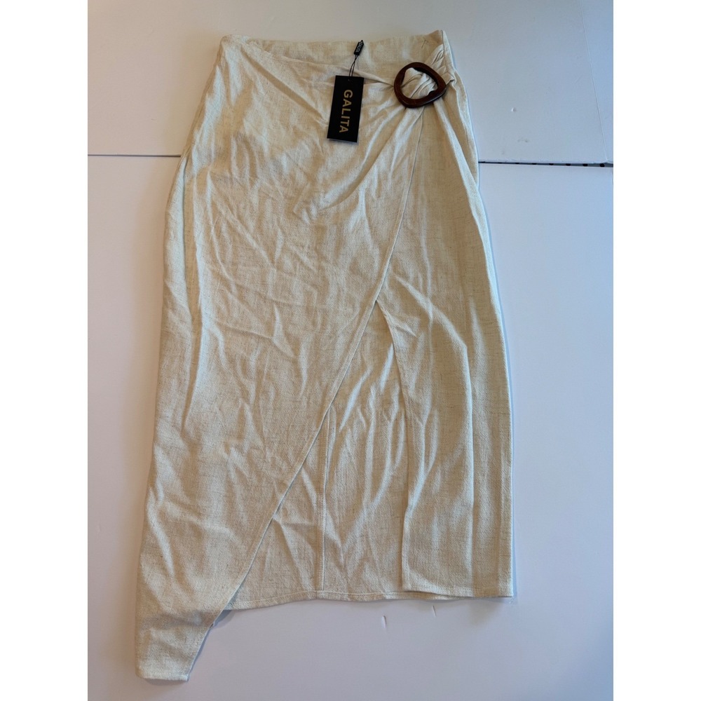 Galita Fashion Women Beige Linen Blend Wrap‎ Midi Skirt Ring Detail Size L NWT
